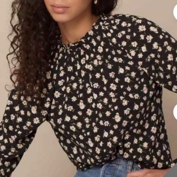 Elodie High Neck Daisy Floral Long Sleeve Blouse Dark Green - Picture 1 of 6